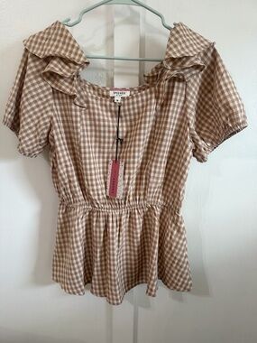 NWT ANDREE BY UNIT Beige and White Gingham Ruffle Peplum Blouse